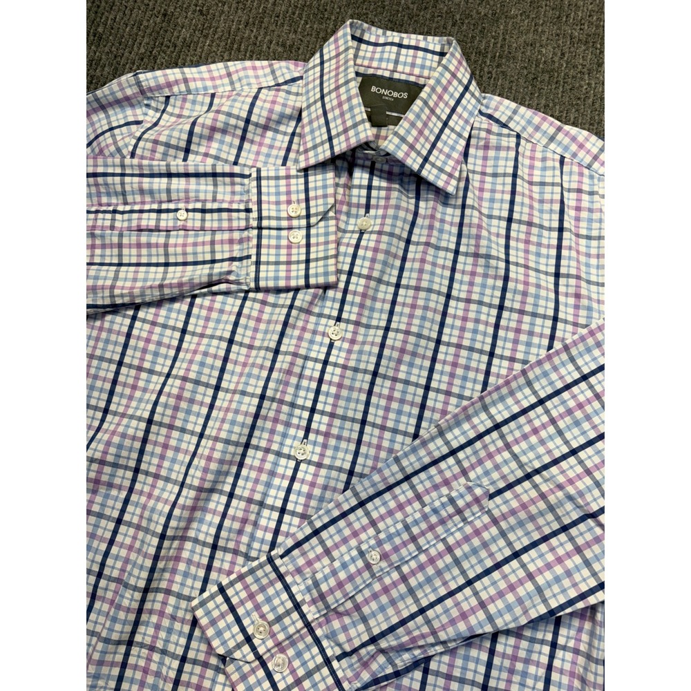 Bonobos Stretch Slim Fit Dress Shirt Blue Purple Plaid 16 34 Mens Long Sleeve